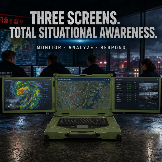Triple Screen Rugged Industrial Laptop 15.6 Inch RTX3050 Graphics Windows 10/11 Situational Awareness Folding Display Heavy Duty