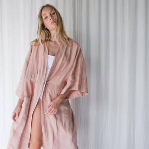 OEM/ODM Elegant Pink Rose Dress for <strong>Women</strong> Linen Three Quarter Sleeve Casual Loose Wrap <strong>Robe</strong> Quick <strong>Dry</strong> for Holidays Casual Wear - Product Image 3