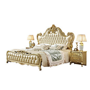 Однотонная дубовая резная двуспальная кровать в Европейском стиле, Золотое шампанское, Главная спальня, свадебная кровать, спальные наборы, продукт - Product Image 1