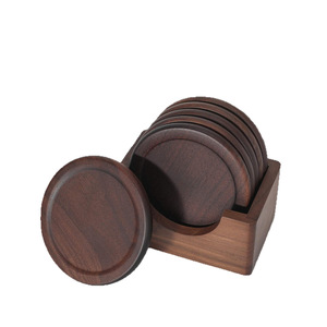 Ensemble de sous-verres en bois de noyer noir, 5 pièces avec support, sous-verres ronds pour café, sous-verres en bois isolants contre la chaleur - Product Image 2