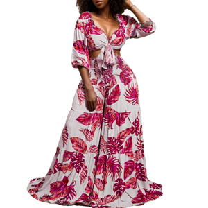 Ensemble 2 pièces tendance : Crop top extensible grande taille et pantalon plissé à imprimé feuilles à jambes larges - Product Image 3