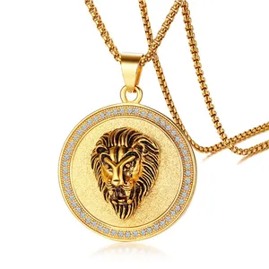 Custom biker jewelry 3D round medal animal Lion head gold plated stainless steel pendant necklace jewelry for man