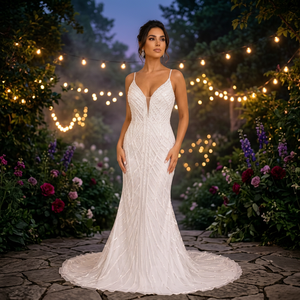 Hand Beaded <b>Appliques</b> Sleeveless V-neck Modern A-Line Bridal <b>Dress</b> Crystal Embroidery Draped Satin Skirt Natural Waistline - Product Image 1