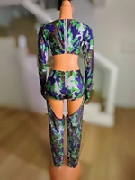 Ensemble 2 pièces haut et pantalon camouflage à strass et sequins pour femme, tenue de festival exotique ajourée, vêtements de danse pour scène de club