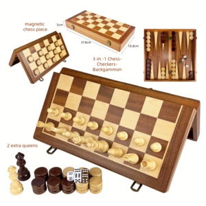 <span class=keywords><strong>Jeu</strong></span> de société 3 en 1 de luxe, échecs, backgammon, dames, pour adultes et enfants, portable, pliable, magnétique, plateau en bois massif de haute qualité - Product Image 1
