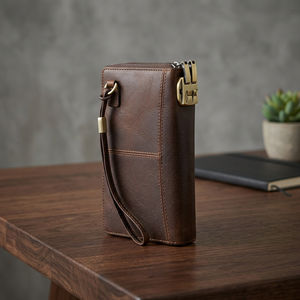 WRIZA brown leather wallet wrist strap secure <b>buckle</b> textured finish durable slim carry stylish accessory travel friendly WRIZA - Product Image 2
