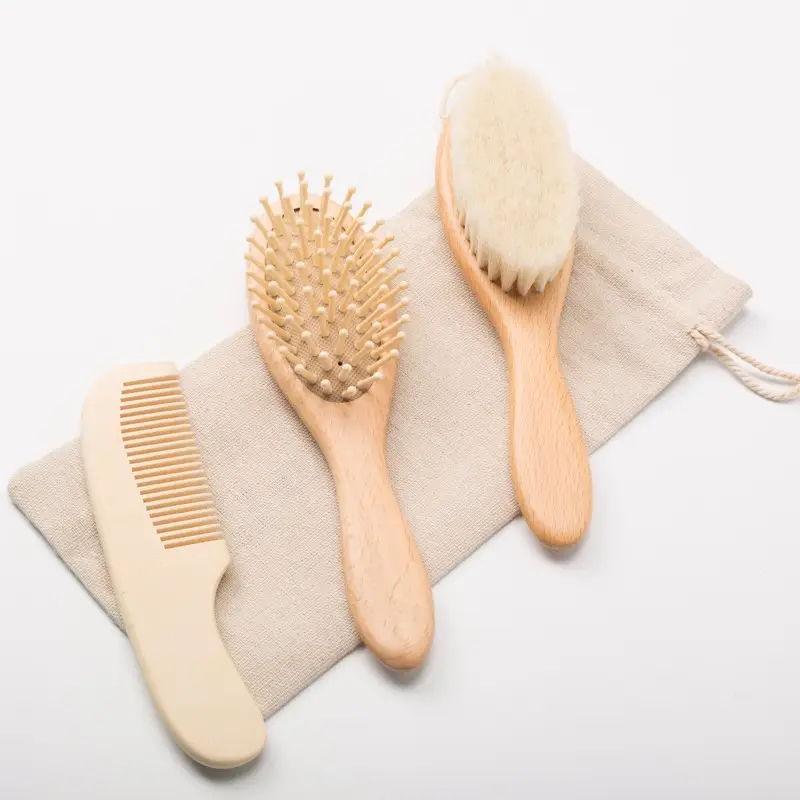 Conjunto de escova de cabelo infantil, conjunto de pente de bambu para bebês, escova de madeira de cabra e pente