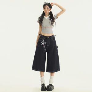 ZONA Pantalon Femme en Denim Américain Rétro Décontracté, Nouvelle Collection Printemps-Été, Coupe Droite Ample à Jambes Larges, Longueur Sept-Huizièmes, avec Broderie Streetwear Unique - Product Image 2