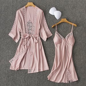 Fashion White Nightgown With Robe Hollow Back Solid Lace <strong>Transparent</strong> <strong>Night</strong> <strong>Gown</strong> Two Piece Suit Short Robe Sets - Product Image 3