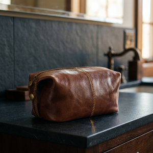 Étui à cosmétiques en cuir véritable Crazy Horse, taille moyenne, vintage, avec fermeture éclair, poignée souple, durable, portable - Product Image 2