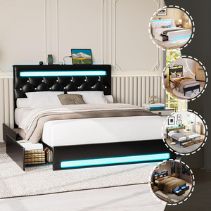 Cross-border wholesale best-selling American industrial style steel and wood structure double <b>bed</b> with storage space and sensor - Product Image 1