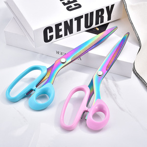 Stainless Steel Tailor Scissors 10 Inch Titanium Plated Blue Pink Home Use V Shaped - Product Image 1