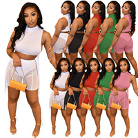 Set atasan dan celana pendek wanita berbahan mesh sheer tanpa lengan, model lace-up, dengan celana dalam aman.
