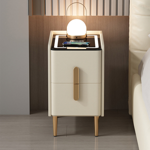 Table de chevet multifonctionnelle moderne en bois massif à bord étroit avec charge sans fil, éclairage LED, table de chevet intelligente, meubles de chambre à coucher - Product Image 1