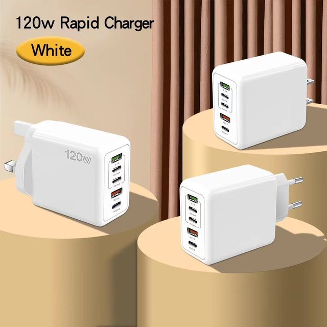 New PD120W Aluminum Alloy Mobile Phone Charger US/EU/UK Plug PD+3USB Multi-Port Adapter Compatible All Phones QC3.0