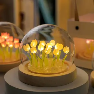 Lampe de Table en verre de tulipe faite à la main, veilleuse personnalisée boule de cristal fleur tulipes LED veilleuse