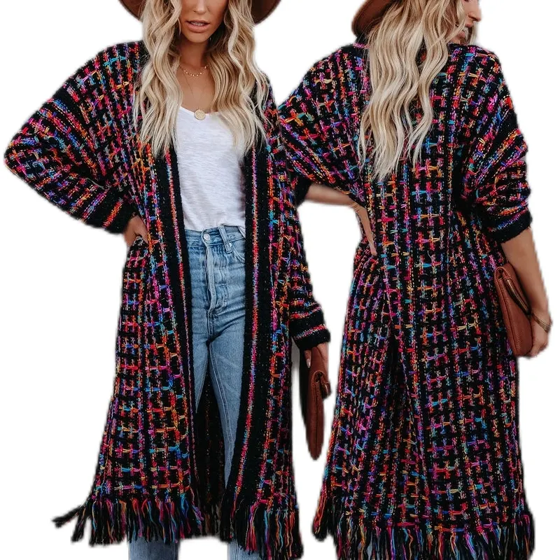 2022 Fall Oversize Long Knitted Coat Lady Tassel Knitwear Cardigan Women Sweaters Fashionable
