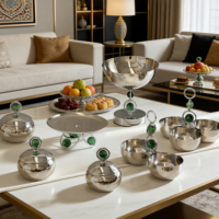 Ramadan & bruiloft decoratie 2026: metalen aluminium fruitschaal & serveerschalen set, groene kralen handvat, Art Deco design, hittebestendig