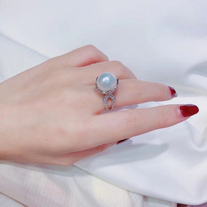 F1773 Women's Cocktail <b>Ring</b> Seawater <b>Pearl</b> Round Brilliant Cut Diamond Pave Setting Wedding Fine Jewelry - Product Image 4