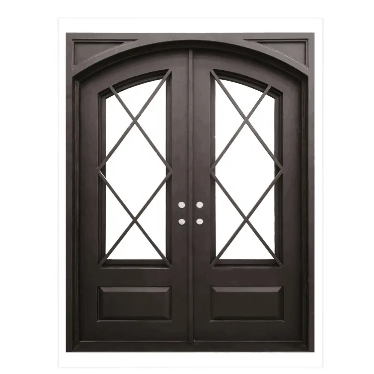 Factory Price Square Flat Double Door Wrought Iron Door Glass Window Entrance Door ID-005