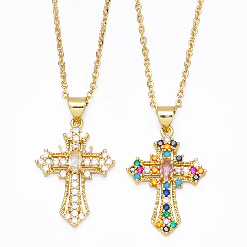 2022 New 18k Gold Plated CZ Crystal Cross Pendant Necklace Micro Pave Rainbow Cubic Zirconia Cross Necklace
