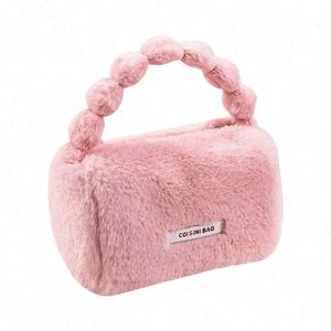 Bolsa de Maquillaje de Piel Sintética de Conejo en Colores Pastel para Otoño e Invierno, Bolso de Mano de Felpa Rosa, Lindo y Portátil, Bolso Tote para Mujer - Product Image 1