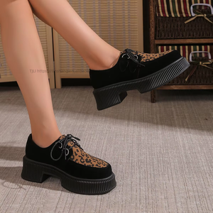 Suede Platform Shoes <b>Tie</b> <b>Back</b> Plus Size Autumn Women's Thick Sole Leopard British Style Low Ankle Flats - Product Image 4