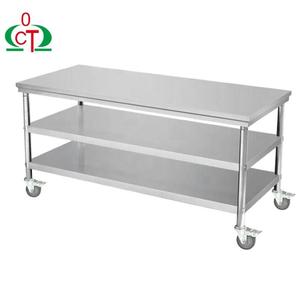 Table de travail en acier inoxydable pour <span class=keywords><strong>restaurant</strong></span> avec roulettes, table de travail de cuisine en acier inoxydable commercial à trois niveaux - Product Image 1