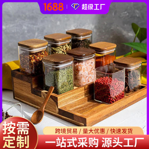 Wooden <b>Spice</b> Rack With Glass <b>Jars</b> Wooden Lids Airtight Storage For Kitchen Countertop 23x22x7.5Cm - Product Image 5