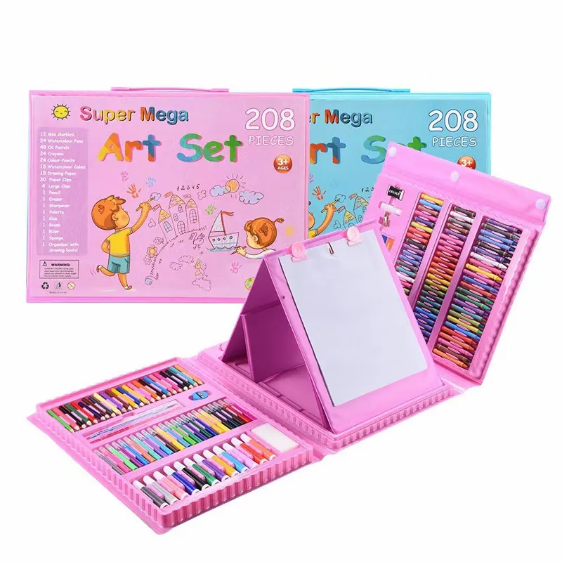 Kit pensil cat air anak, peralatan seni Set kuas lukisan grafiti dapat dicuci dengan kertas A4 208 buah pensil mewarnai