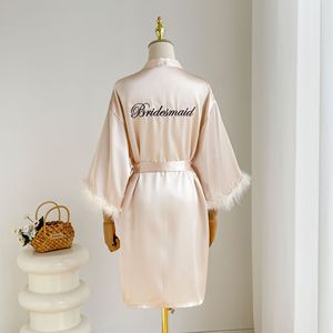 Wholesale Bridal Bride <strong>Robe</strong> for Wedding Day Set Feather Trim Satin Silk <strong>Robes</strong> Women Bachelorette Party Getting Ready Outfits - Product Image 3