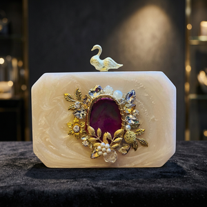 Luxurious Handmade White Resin Rectangular Evening <b>Clutch</b> Solid Pattern Pearl Rhinestone Embellishments Painted Model Love Style - Product Image 1