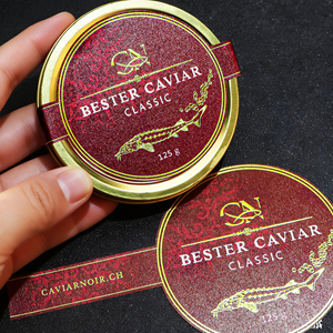 Étiquettes personnalisées en papier artistique holographique rouge durable avec dorure à chaud pour l'emballage du caviar, des aliments pour animaux et des collations - Product Image 6
