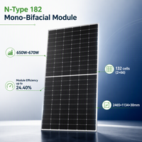 Panneau solaire bifacial mono N-Type 182 650W 132 cellules tout noir double vitrage haute efficacité 24,40% pour PV commercial