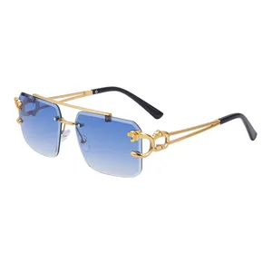 Design de marca Luxo Retro Double Beam Sunglasses Light Elegante Leopard Rimless Cut Edge para Homens Mulheres Wholesale Shades