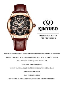 Montre mécanique pour homme KINYUED, bracelet en cuir véritable, cadran squelette ajouré, aiguilles lumineuses, luxe, mode, vente en gros - Product Image 5