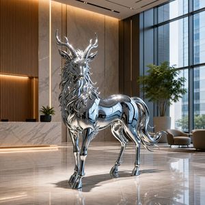 Sculpture Qilin Pixiu en acier inoxydable poli miroir, bestie mythique chinoise, statue animale Feng Shui, décoration moderne de luxe pour la maison - Product Image 3