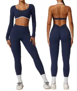 Individuelles Logo Damen Sportbekleidung BH langärmelig Oberteile Leggins Yoga-Anzug 2-teiliges Set Fitness-Kleidung Damen-Yoga-Set