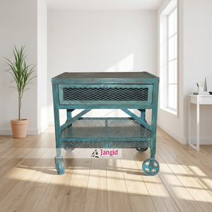 Table d'appoint mobile industrielle vintage en fer rustique sur roulettes avec plateau de service et 1 tiroir pour hôtel, salon ou mobilier de maison - Product Image 2