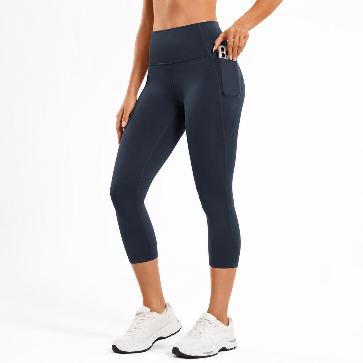 Women's High Elastic Waist Capri Yoga Leggings with Solid Pattern Breathable Four-Way Stretch for Gym & Running Training