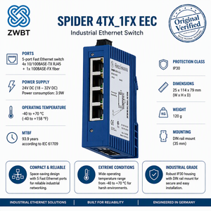 SPIDER 4TX/1FX Hirschmann EEC Switch Ethernet Industrial de Riel de Nivel Básico, 5 Puertos, 1 Gbps de Capacidad, Modo de Conmutación Store-Forward - Product Image 3