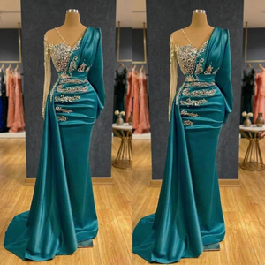 Elegante Vestido de Noche Formal de Lujo, Estilo Sirena, Color Verde Azulado, Satinado, Cuello Alto, Adornado con Pedrería, Largo hasta el Suelo, Manga Larga - Product Image 3