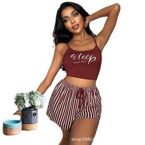 Сексуальный домашний комплект: шорты и топ на бретельках с принтом в полоску и надписью, новинка - Product Image 5