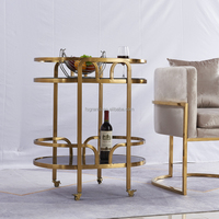 Chariot de bar domestique en verre trempé noir durable avec cadre en acier inoxydable doré, chariot à boissons pour hôtel, chariot de service roulant pour fêtes et desserts