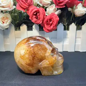 Hand Carved Yellow Fire Quartz Hematoid Natural Crystal Skulls Gold Healer Quartz For Fengshui Halloween Decoration