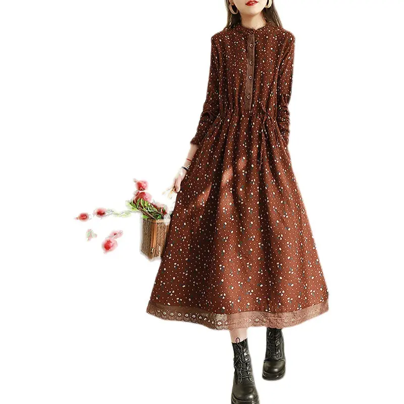 2024 Print Bloemen Patchwork Vintage Herfst Jurk Draw String Office Lady Outdoor Werk Jurk Mode Vrouwen Casual Lente Jurk