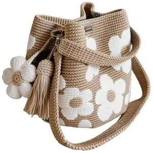 Borsa Tote Artigianale all'<span class=keywords><strong>Uncinetto</strong></span> con Fiori, Borsa a <span class=keywords><strong>Tracolla</strong></span> Floreale in Poliestere Lavorato a Maglia, Borsa a Spalla Boho da Spiaggia da Donna - Product Image 4