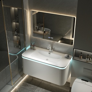 Meuble-lavabo de salle de bain moderne intelligent avec miroir en nid d'abeille et lavabo mural pour hôpitaux et appartements - Product Image 3