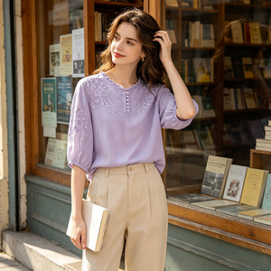 Blusa holgada bordada con lavanda, manga tres cuartos, cuello redondo, top floral elegante para mujer, camisa de primavera y verano - Product Image 3
