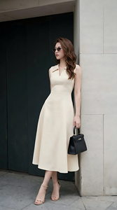 Robe midi crème pour femme, prête à être expédiée, sans manches, col chemise, élégante, décontractée, tenue de travail estivale pour femmes, vente en gros - Product Image 4